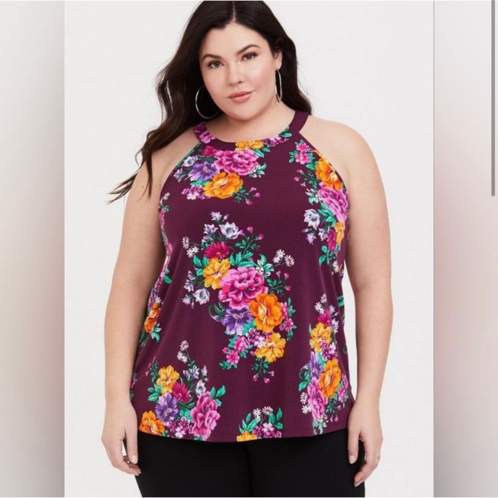 TORRID Studio Knit High Neck Tank Purple Floral Plus Top 2X